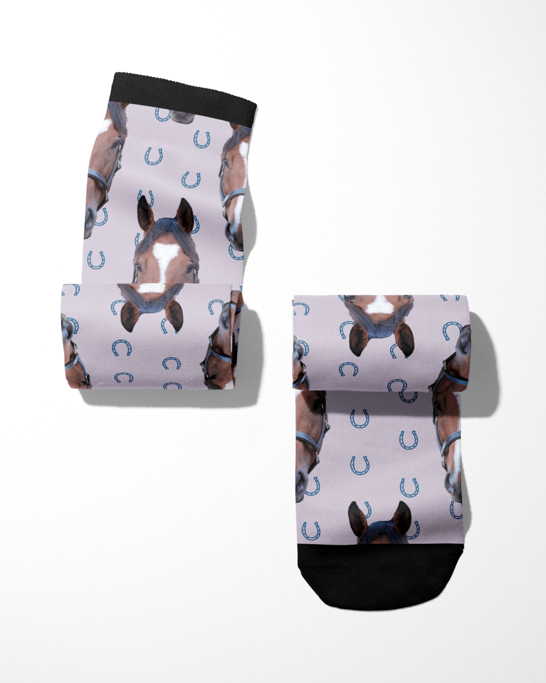 Custom Solo socks with blue horseshoes and horse face pattern