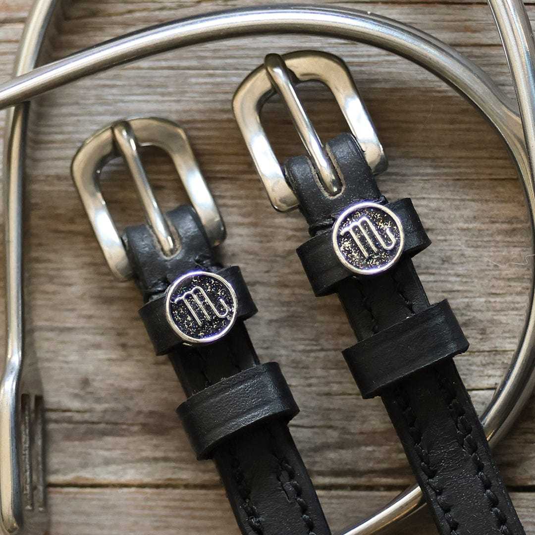 Black leather Scorpio Spur Straps with stainless steel buckles and custom Scorpio charm