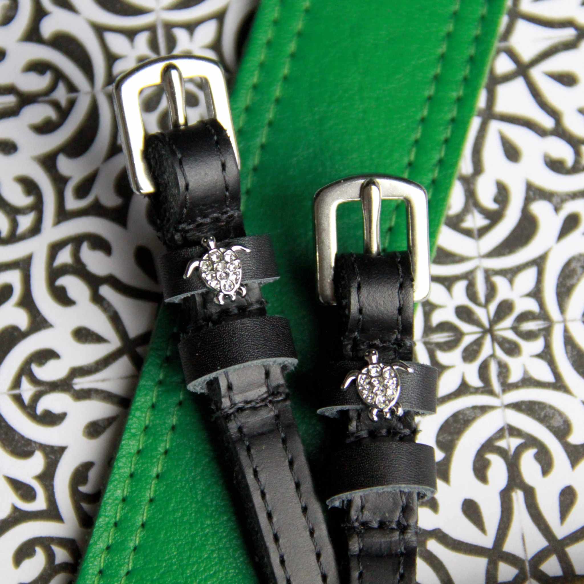 Sea Turtle Silver Spur Straps ManeJane black leather spur straps with non-stretch interior and stainless steel buckle for E.