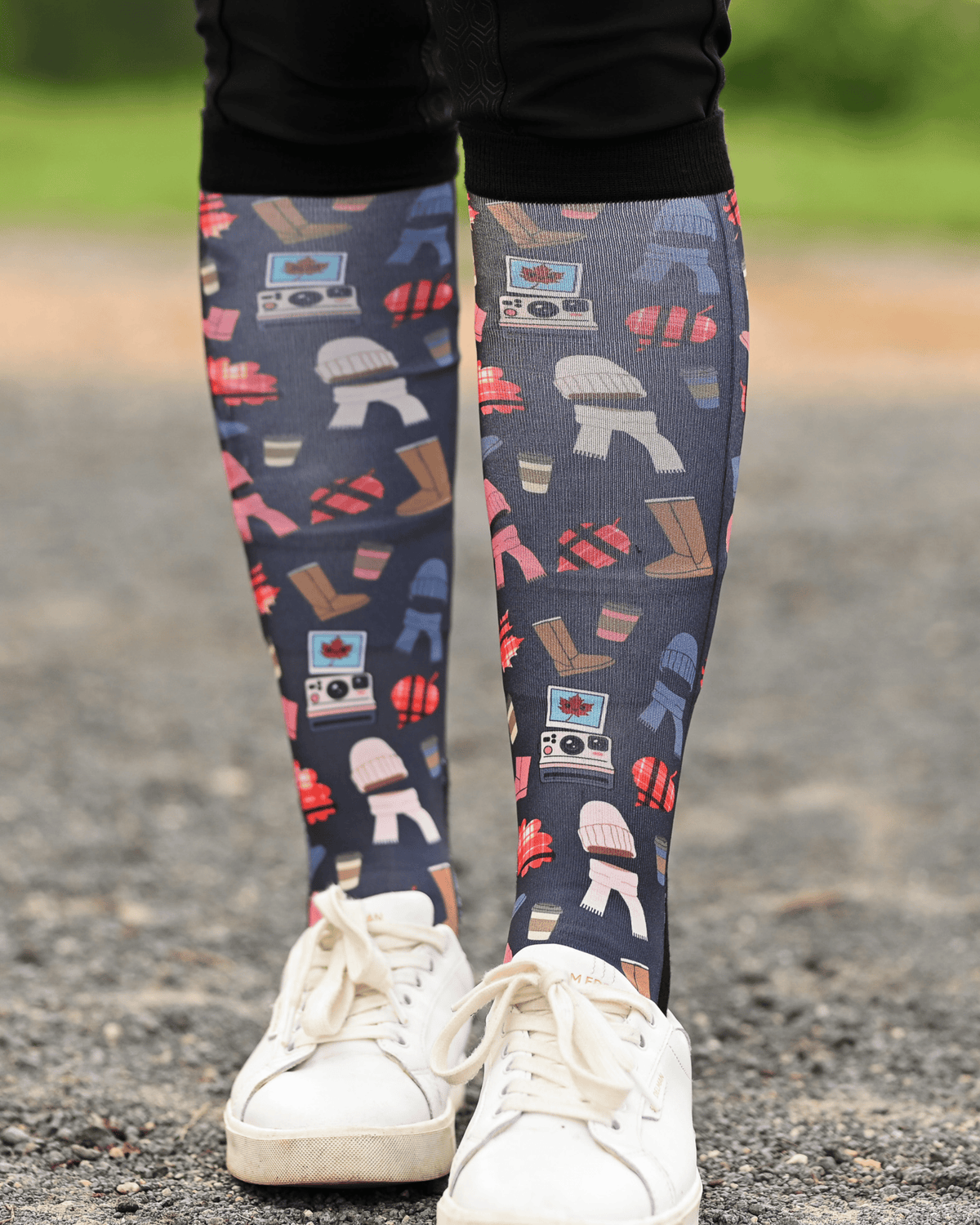 Sept Starter Pack equestrian boot socks worn at the barn, charcoal with autumn boots, plaid, beanies and lattes