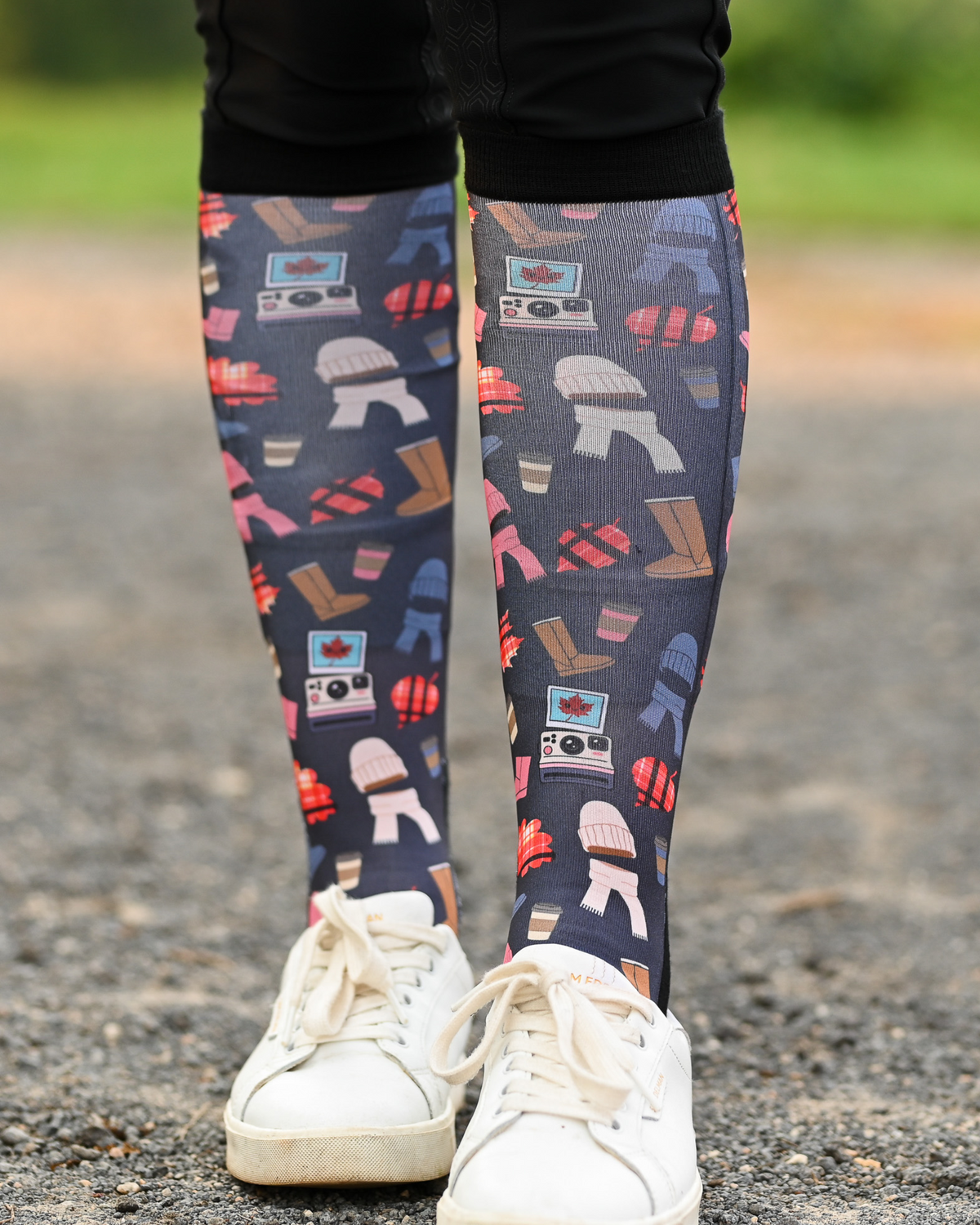 Sept Starter Pack equestrian boot socks worn at the barn, charcoal with autumn boots, plaid, beanies and lattes