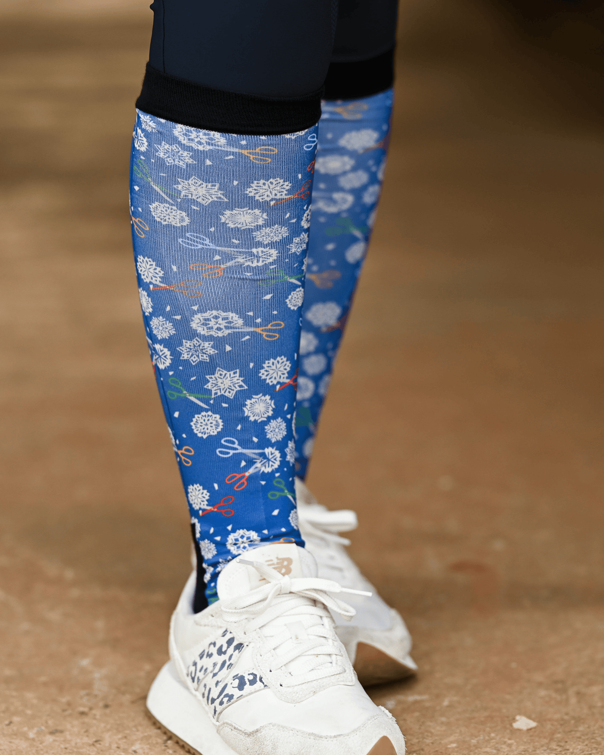 Shear Magic Pair & a Spare boot socks worn on the calf, cobalt blue with white clip rosettes and coloured scissors