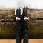 Silver Apple Spur Straps ManeJane black leather spur straps with non-stretch interior and stainless steel buckle for Englis.