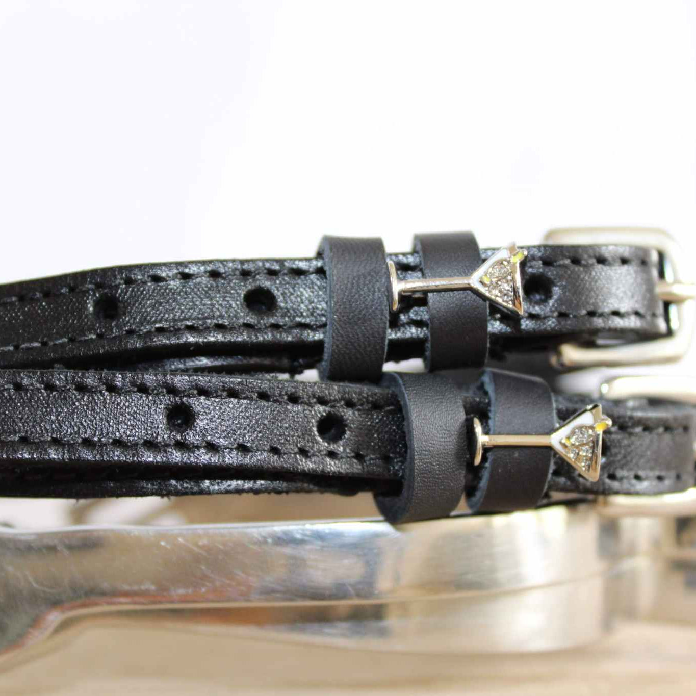 Silver Martini Glass black leather spur straps with olive charm and stainless steel buckle