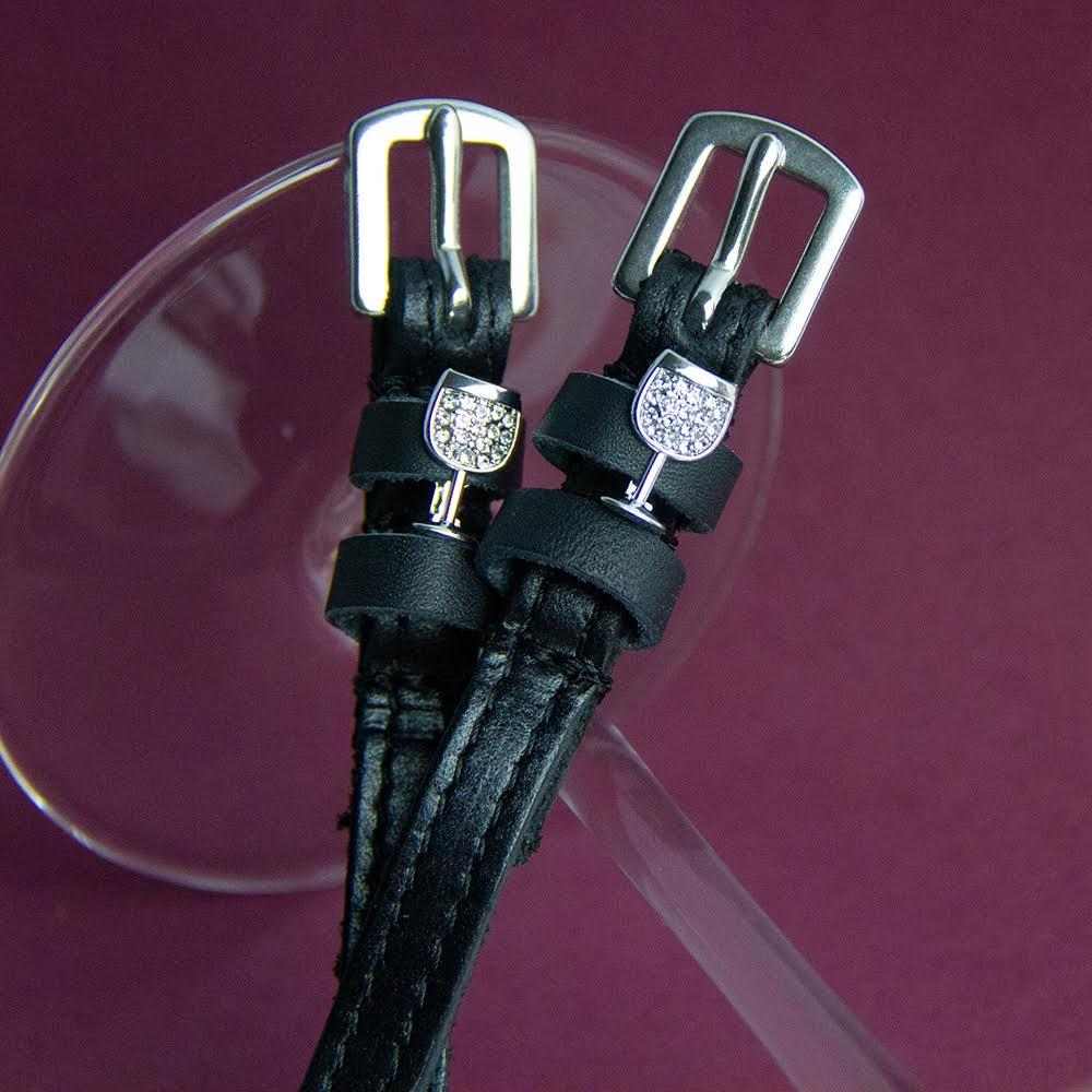 ManeJane Silver Wine Glass w Clear Stone Spur Straps Spur Straps — black leather, non-stretch, hero image for English rider.