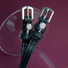 ManeJane Silver Wine Glass w Clear Stone Spur Straps Spur Straps — black leather, non-stretch, hero image for English rider.