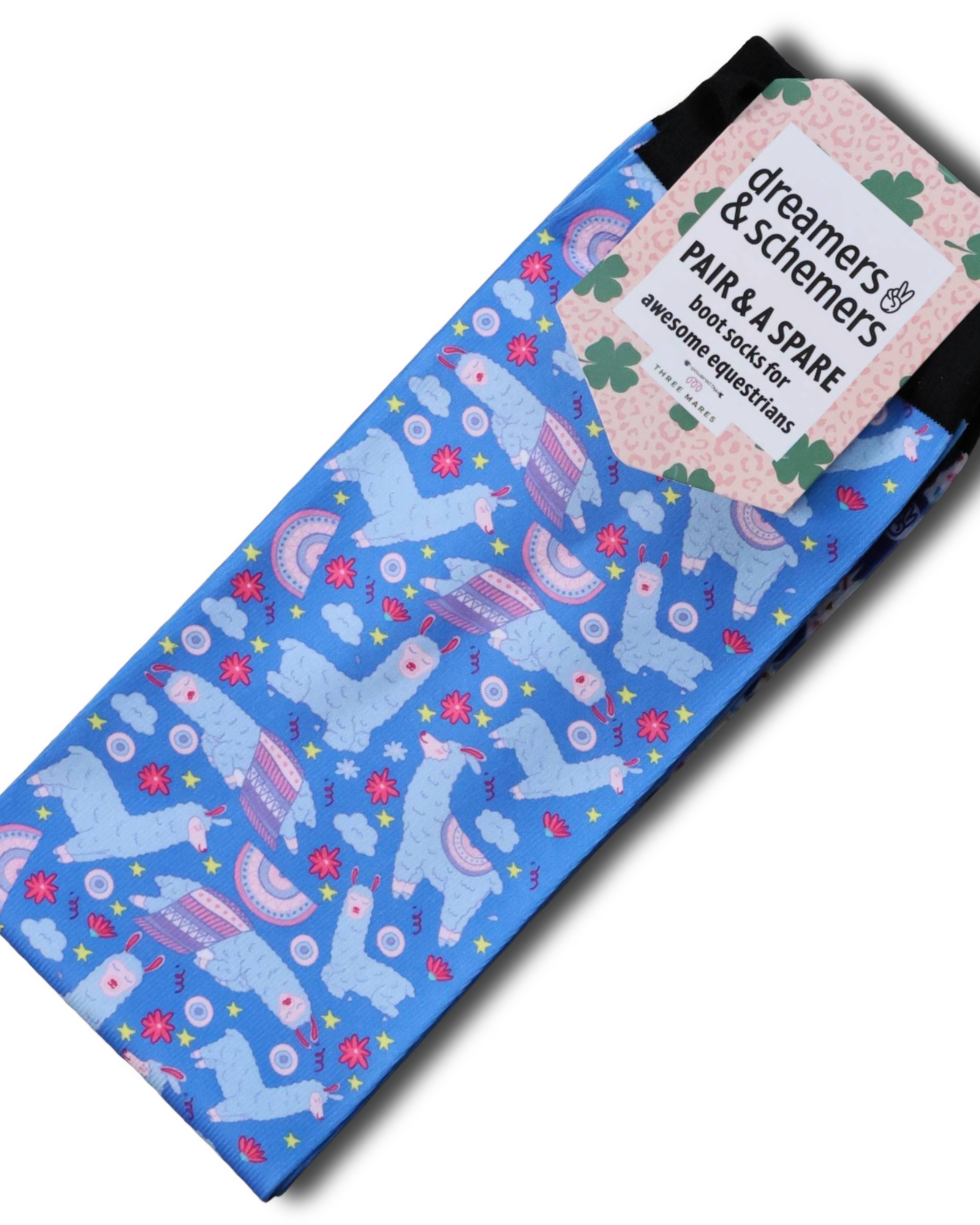 Sleepy Llama Pair & a Spare equestrian boot socks in Light Blue, by Dreamers & Schemers
