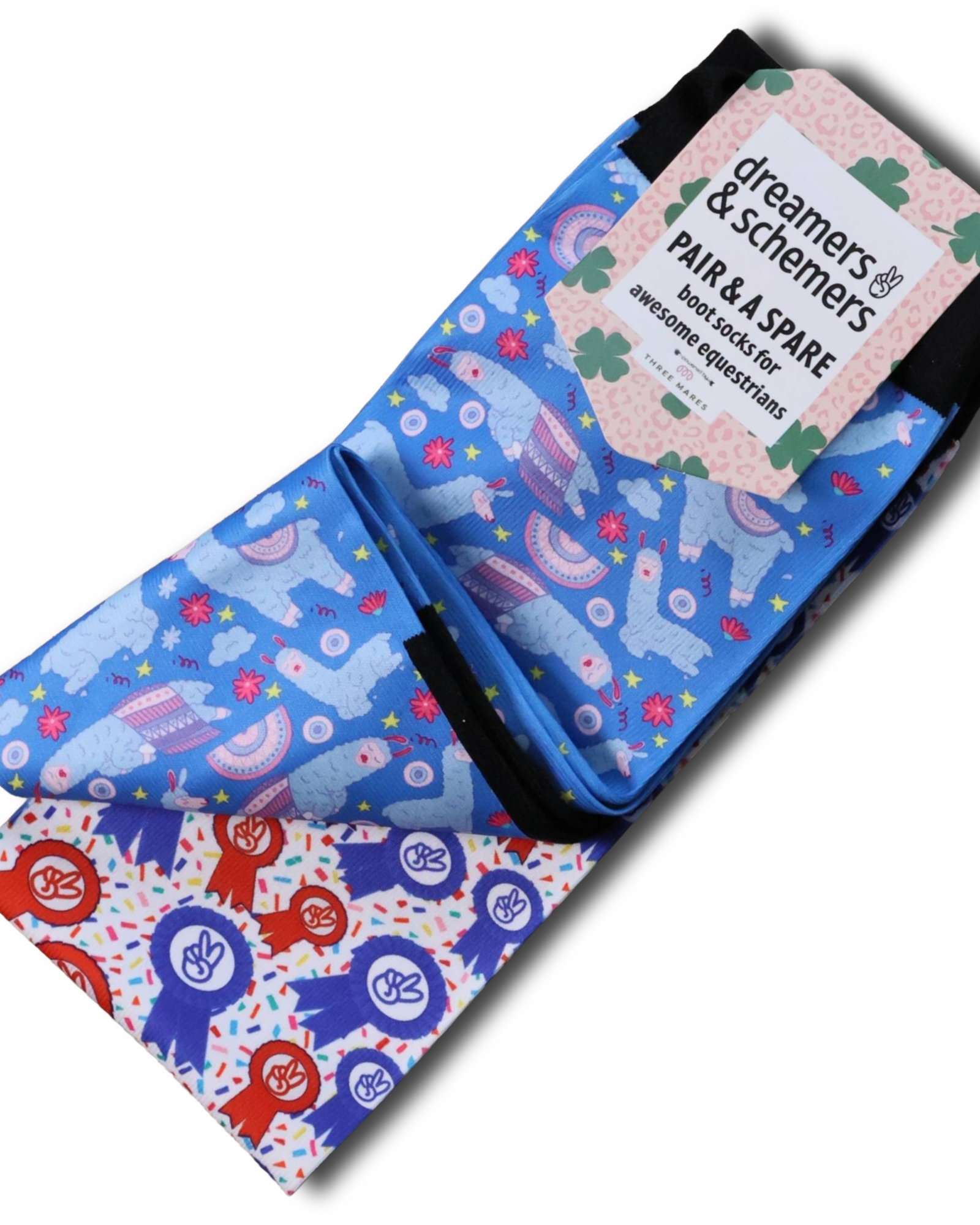 Sleepy Llama Pair & a Spare equestrian boot socks, alternate angle, by Dreamers & Schemers