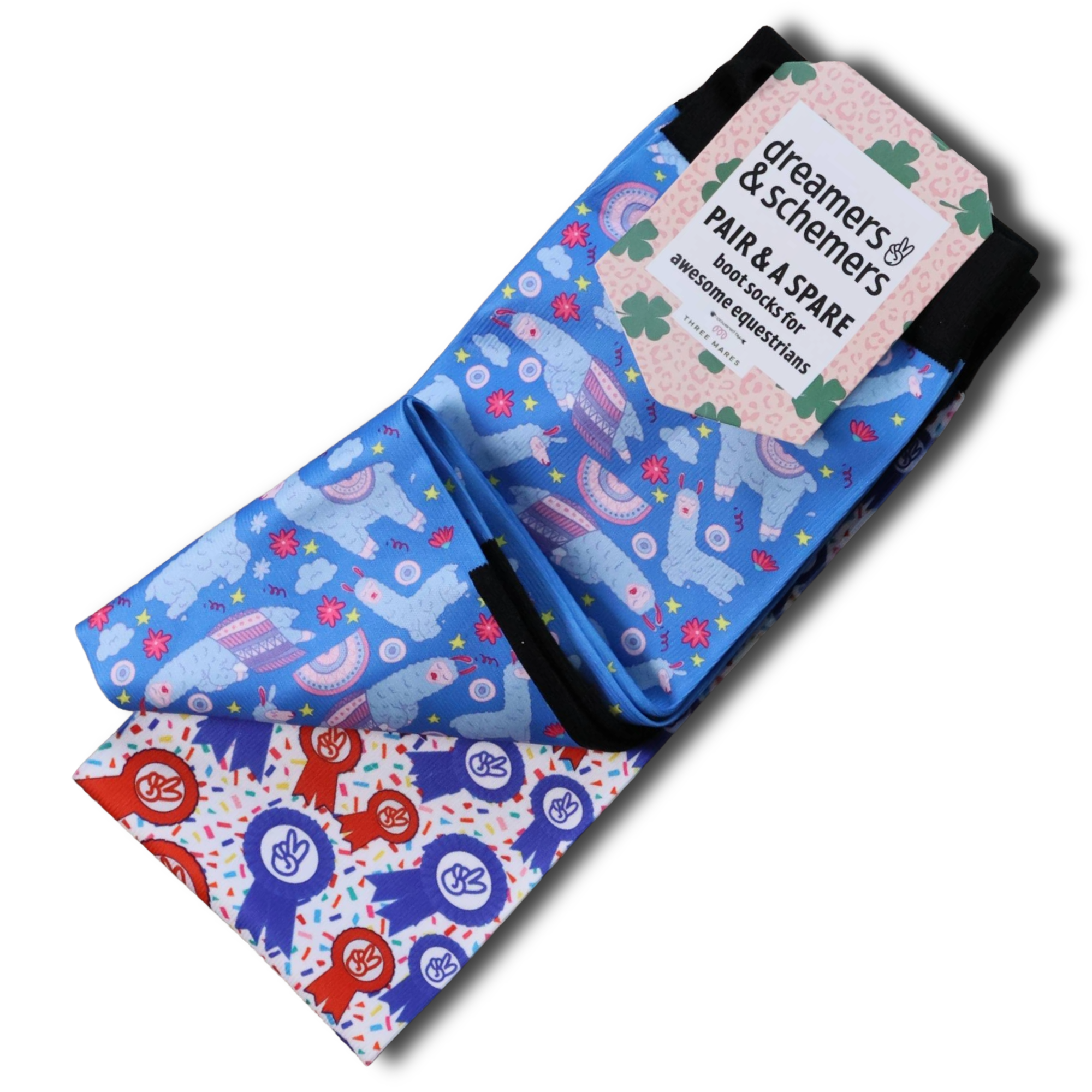 Sleepy Llama Pair & a Spare equestrian boot socks, alternate angle, by Dreamers & Schemers