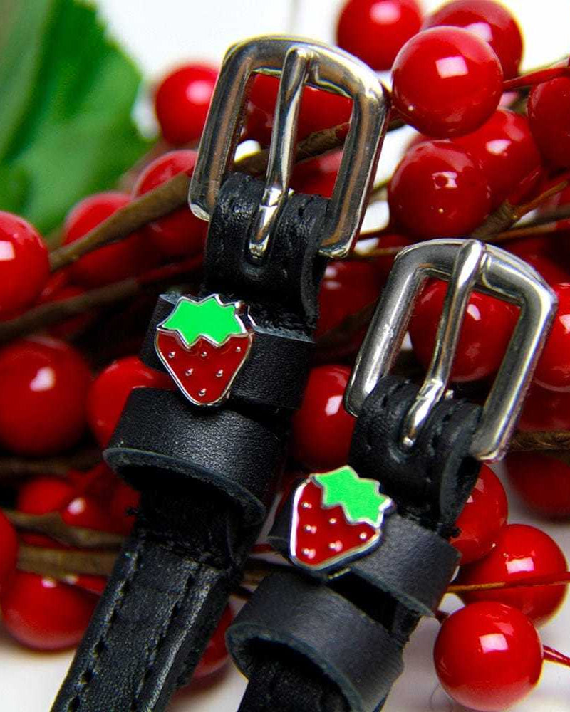 Strawberry patterned spur straps featuring strawberry fruit, alternate angle, equestrian accessory by ManeJane