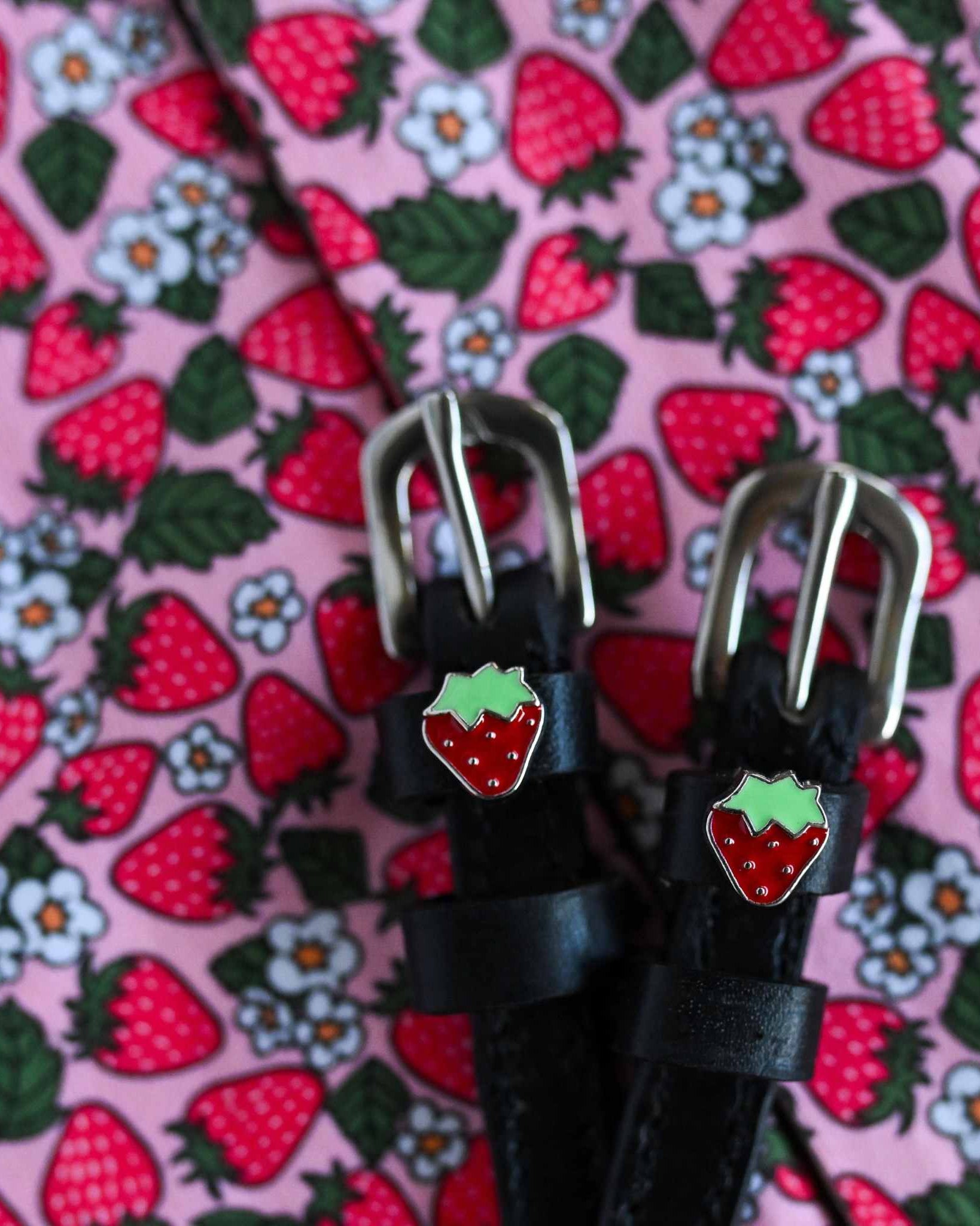 Strawberry patterned spur straps with strawberry fruit, equestrian accessory by ManeJane