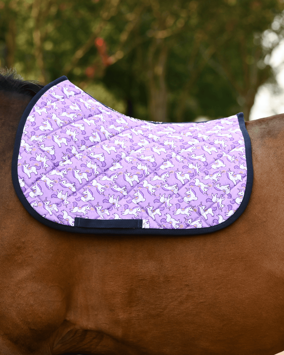 Sunshine & Unicorns saddle pad in lilac with white unicorns and golden suns, shown with no saddle