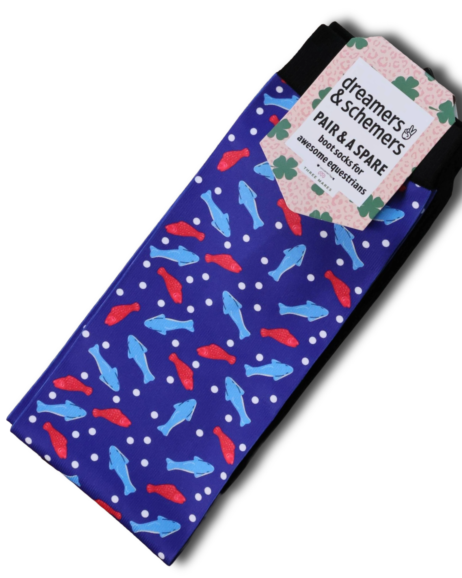 Sweet-ish Fish Pair & a Spare equestrian boot socks with swedish fish candy in Light Blue, by Dreamers & Schemers