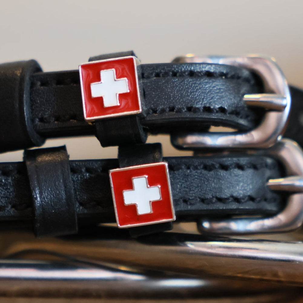 Black leather spur straps with Switzerland flag charm and stainless steel buckle