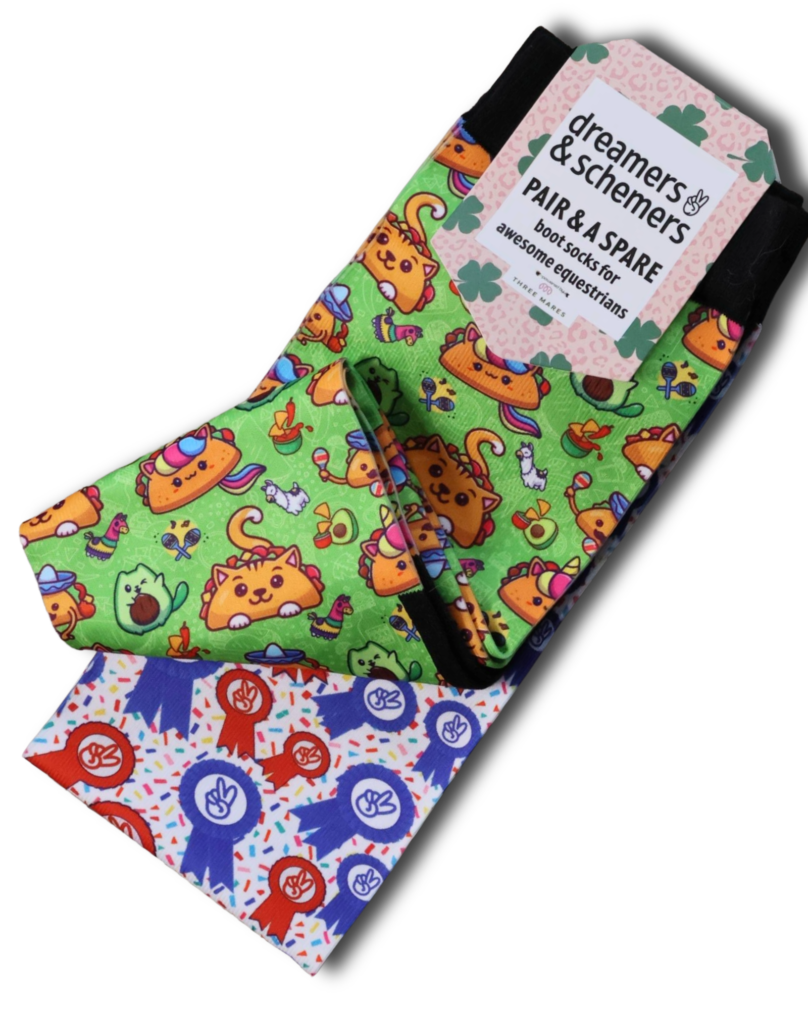 Taco Cat Pair & a Spare equestrian boot socks featuring taco and cat print, alternate angle, by Dreamers & Schemers