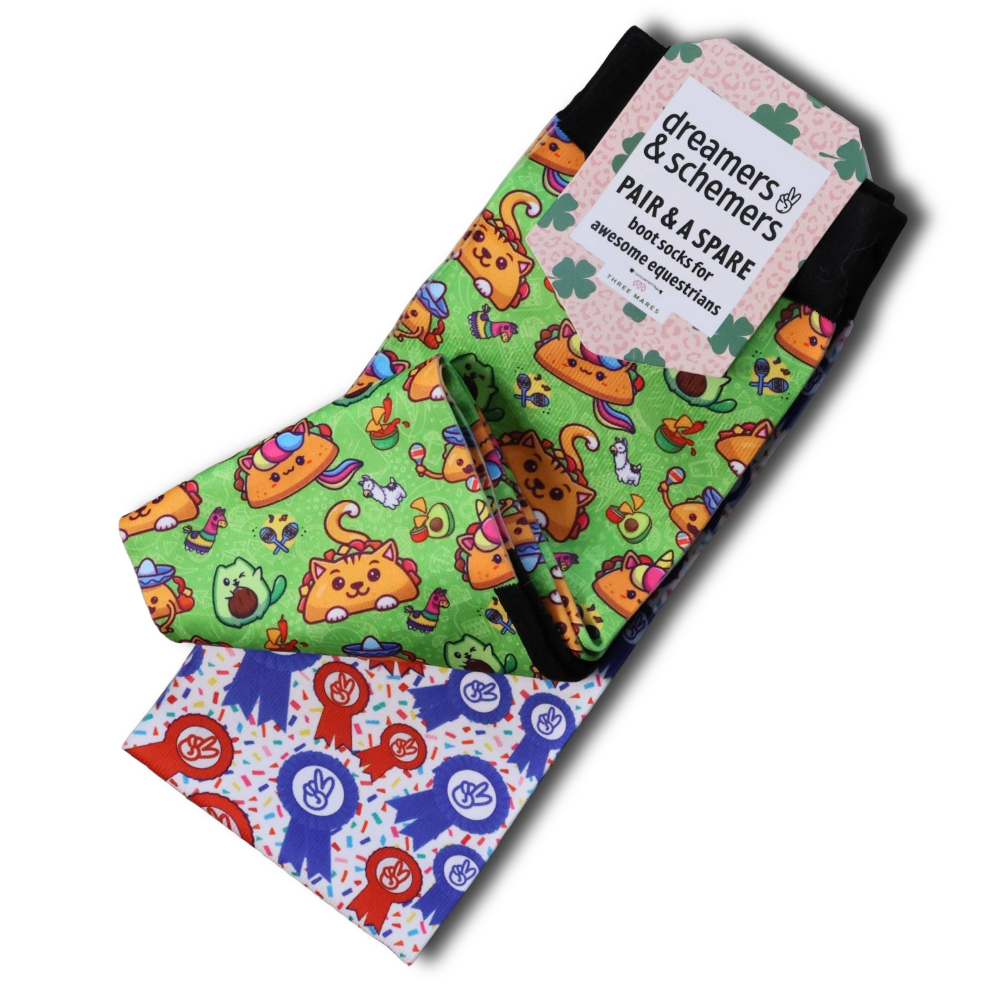 Taco Cat Pair & a Spare equestrian boot socks featuring taco and cat print, alternate angle, by Dreamers & Schemers