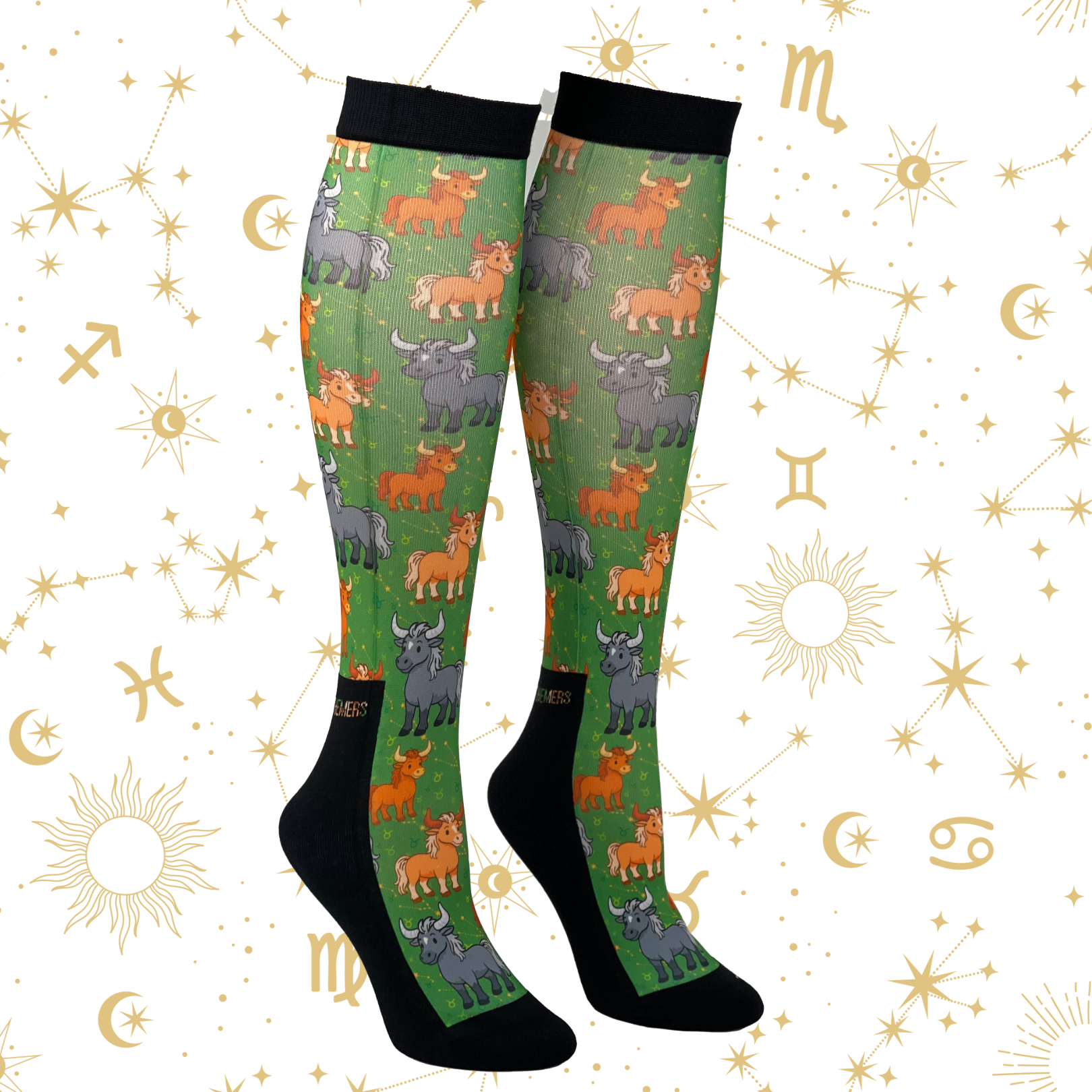 Taurus zodiac boot socks with colorful bull design, made in USA, one size fits most, cotton blend material