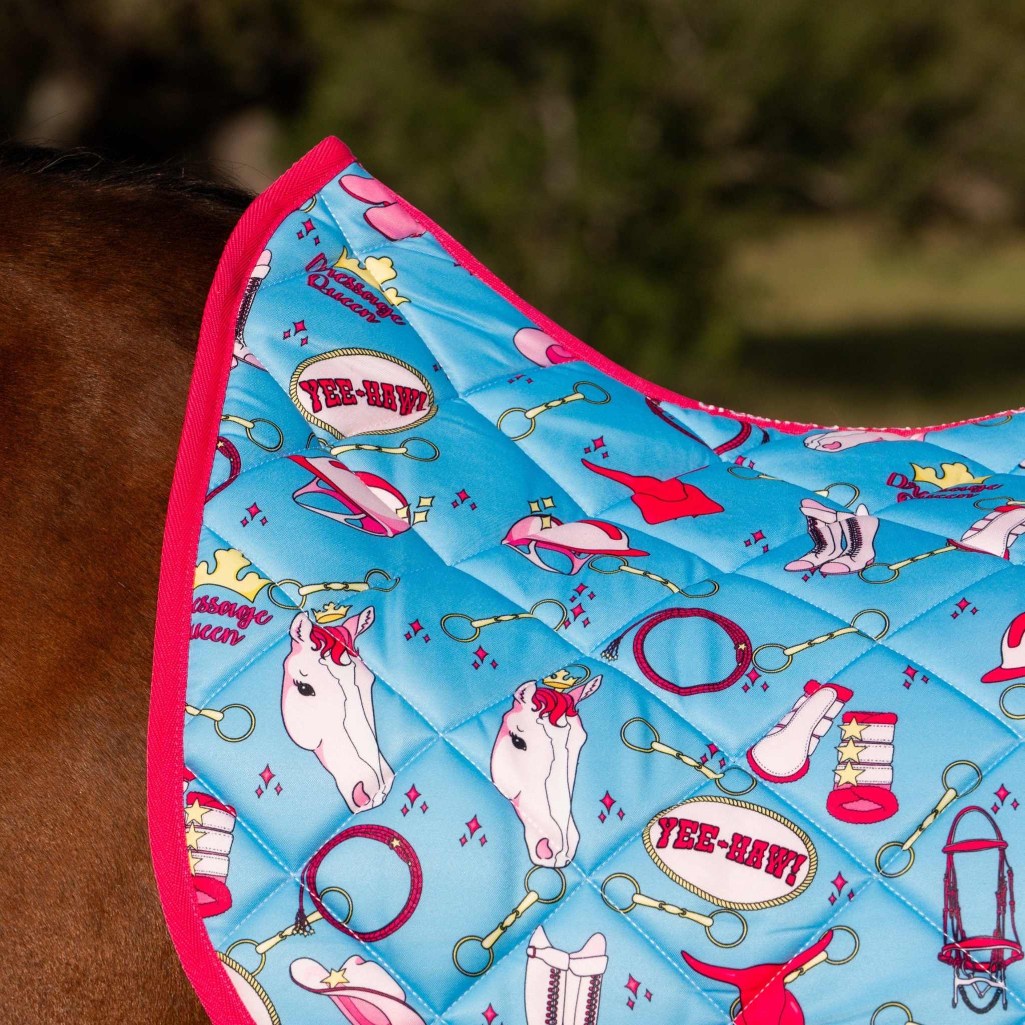 Dreamers & Schemers The Blonde & The Bay Saddle Pad – patterned saddle pad, equestrian gift, horseback riding gear from Dreamers & Schemers Saddle Pads