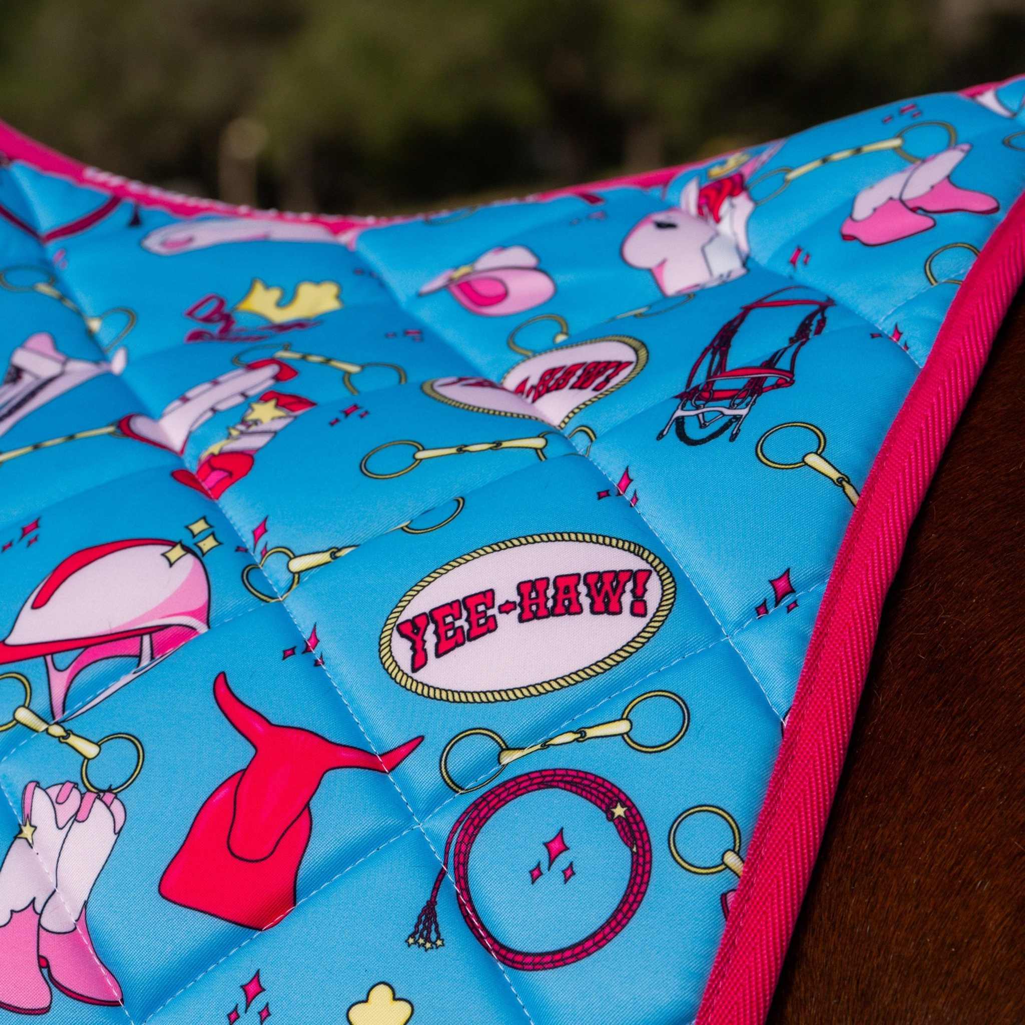 Dreamers & Schemers The Blonde & The Bay Saddle Pad – patterned saddle pad, equestrian gift, horseback riding gear from Dreamers & Schemers Saddle Pads