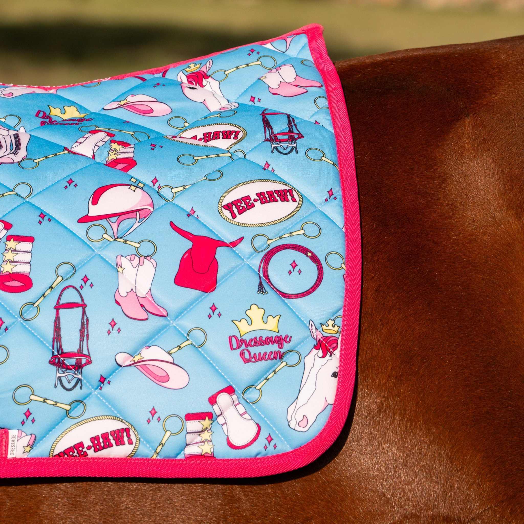 Dreamers & Schemers The Blonde & The Bay Saddle Pad – patterned saddle pad, equestrian gift, horseback riding gear from Dreamers & Schemers Saddle Pads