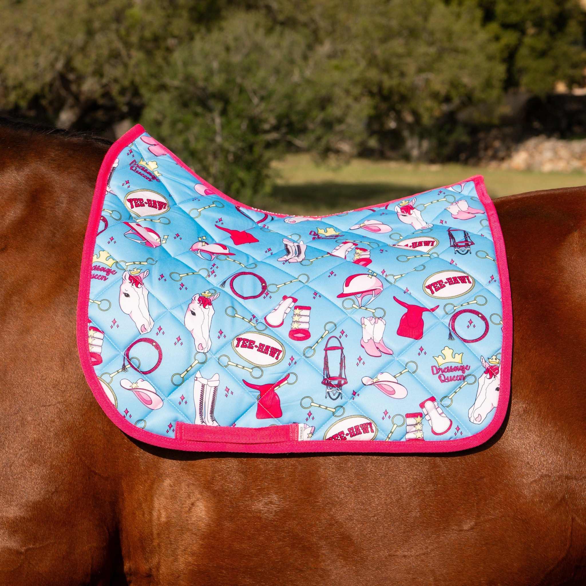 Dreamers & Schemers The Blonde & The Bay Saddle Pad – patterned saddle pad, equestrian gift, horseback riding gear from Dreamers & Schemers Saddle Pads