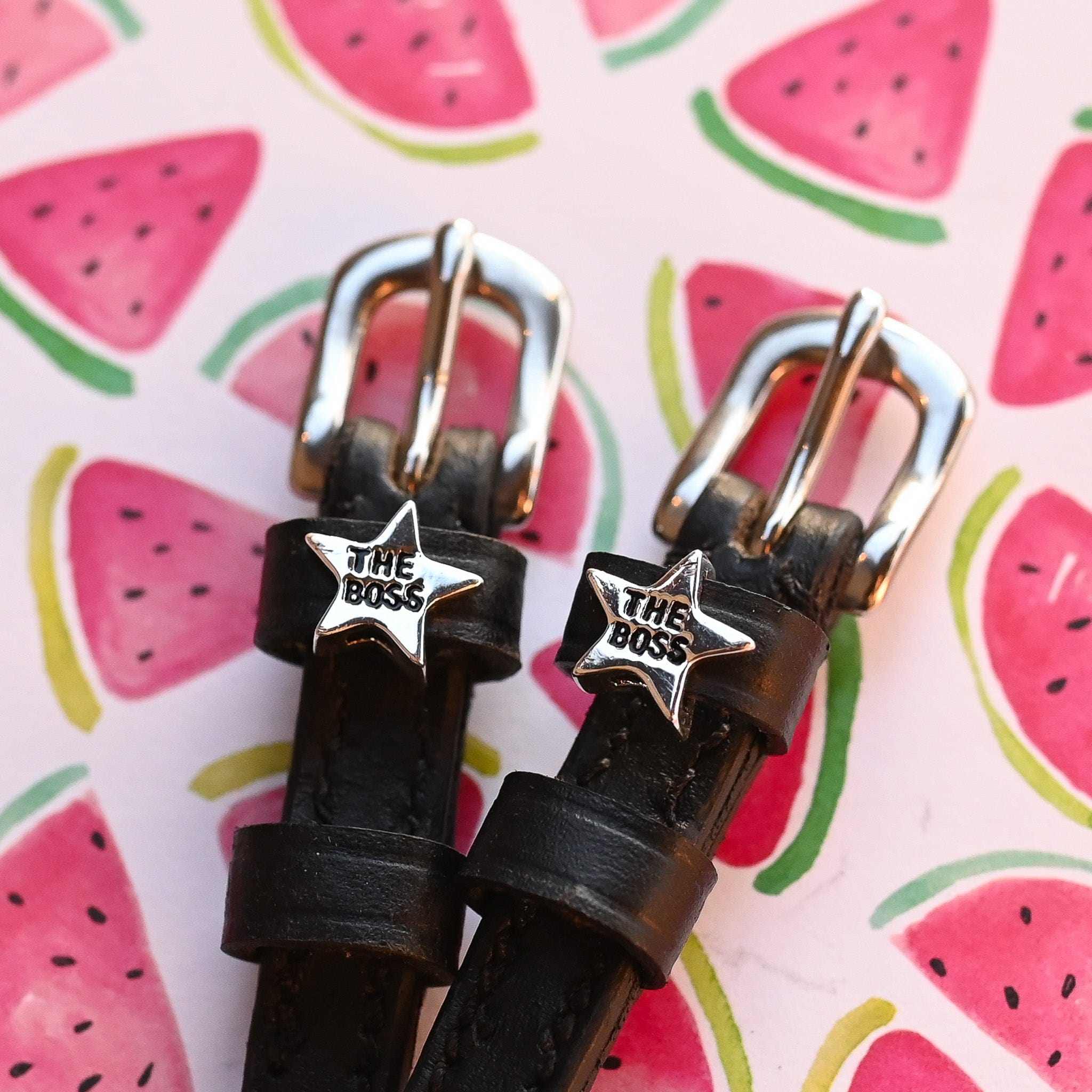 The Boss Star Silver Spur Straps ManeJane black leather spur straps with non-stretch interior and stainless steel buckle fo.