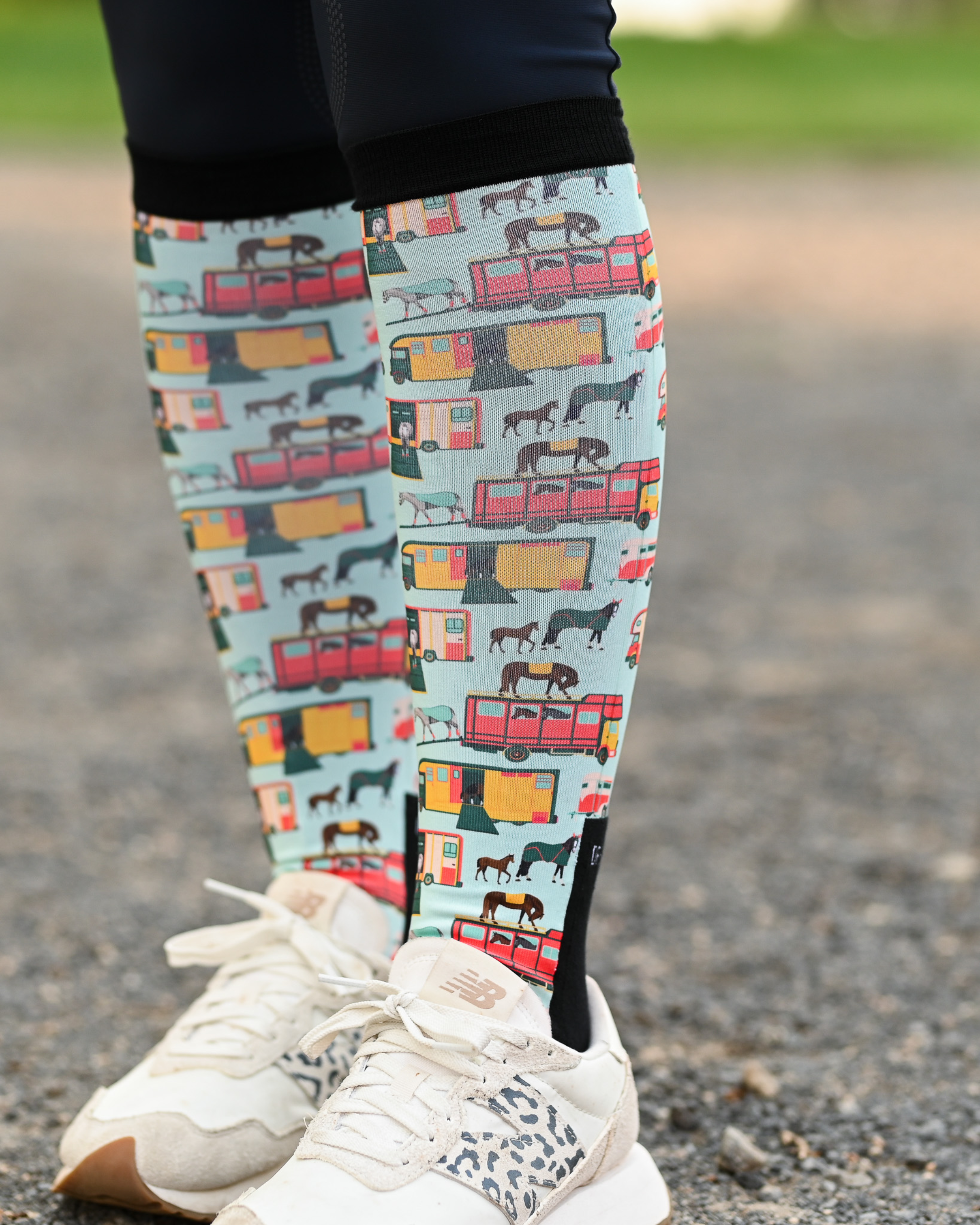 The Pony Island Retro Trailers Pair & a Spare boot socks worn on the calf, mint green with vintage horse trailers