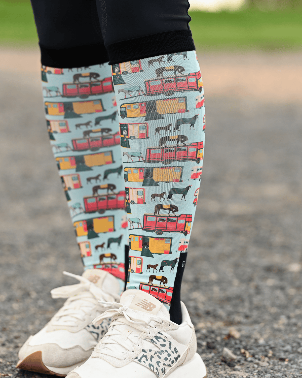 The Pony Island Retro Trailers Pair & a Spare boot socks worn on the calf, mint green with vintage horse trailers