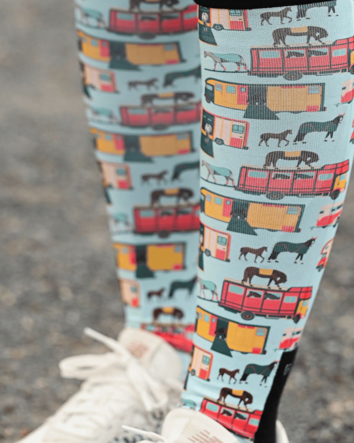 Close crop of the The Pony Island Retro Trailers boot sock print, vintage horse trailers on mint green