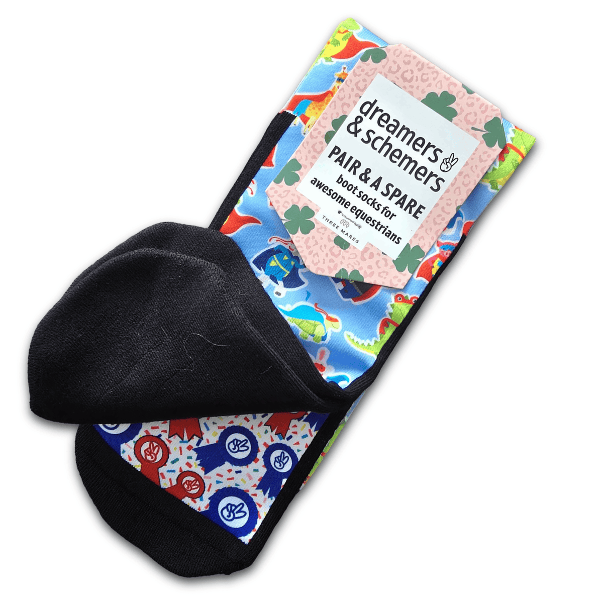 Super! Thanks For Asking youth Pair & a Spare boot socks featuring superhero cape print, alternate angle, by Dreamers & Schemers