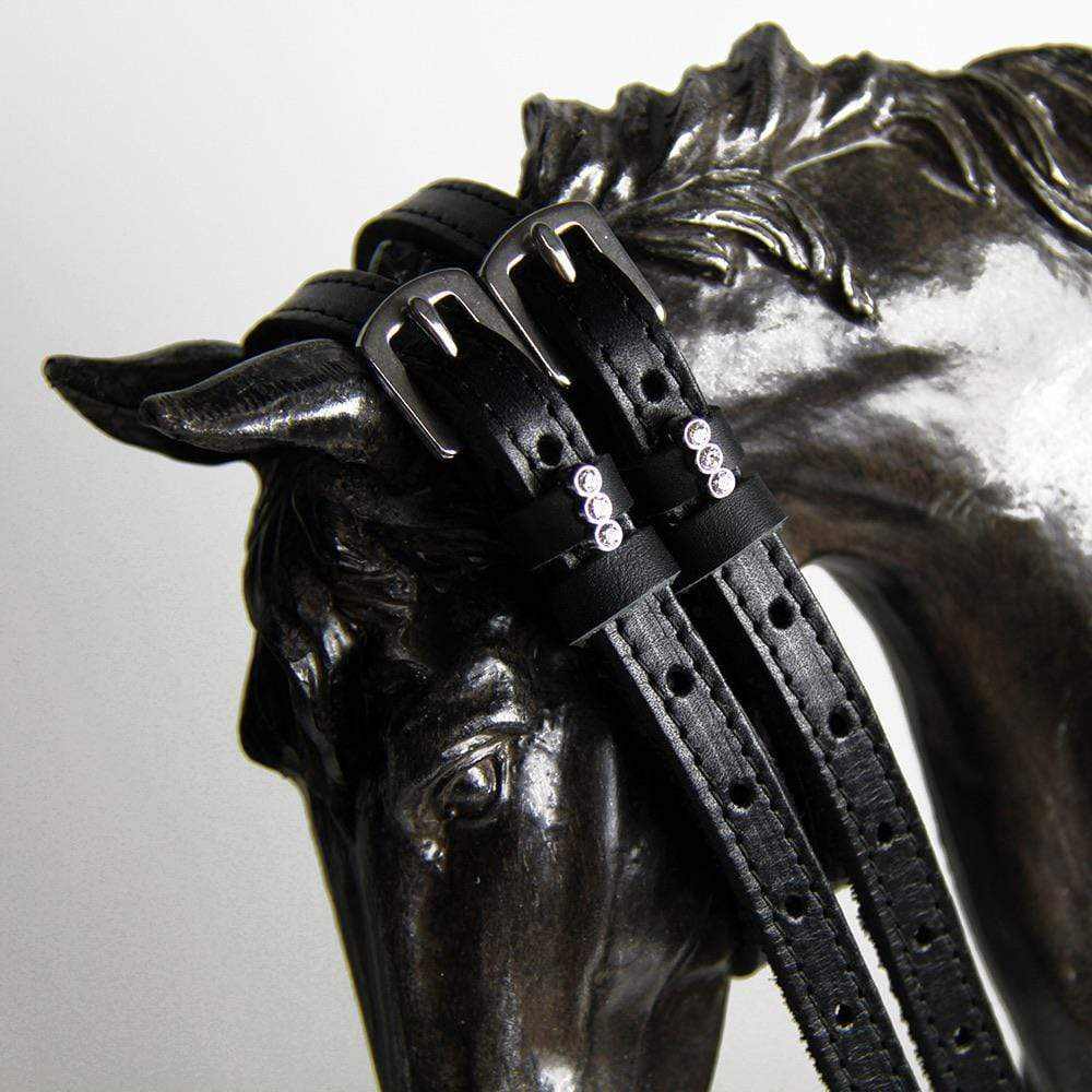 ManeJane Three Stones Spur Straps Spur Straps — black leather, non-stretch, hero image for English riders.