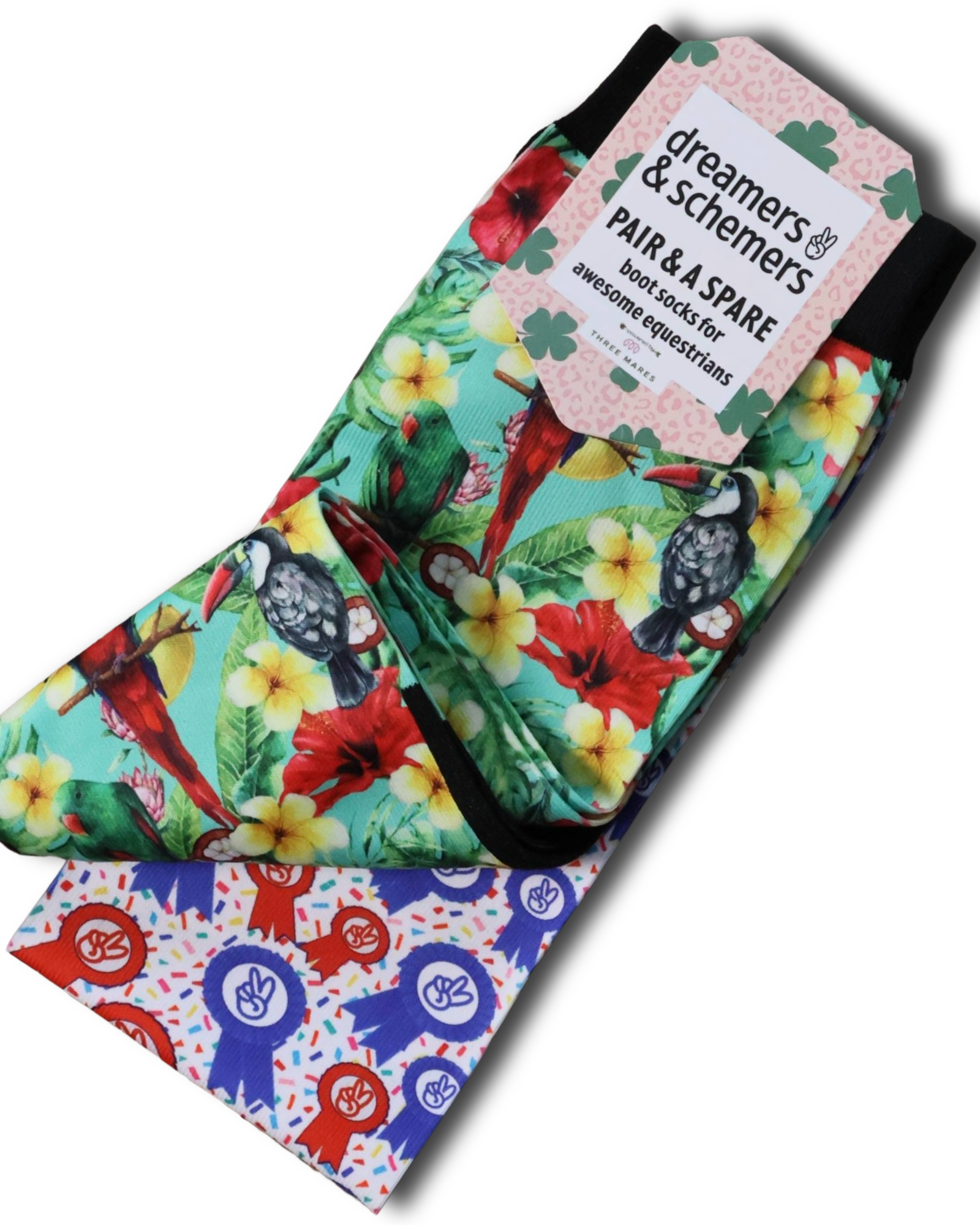 Tropical Dreamin' Pair & a Spare equestrian boot socks featuring tropical palm paradise, alternate angle, by Dreamers & Schemers
