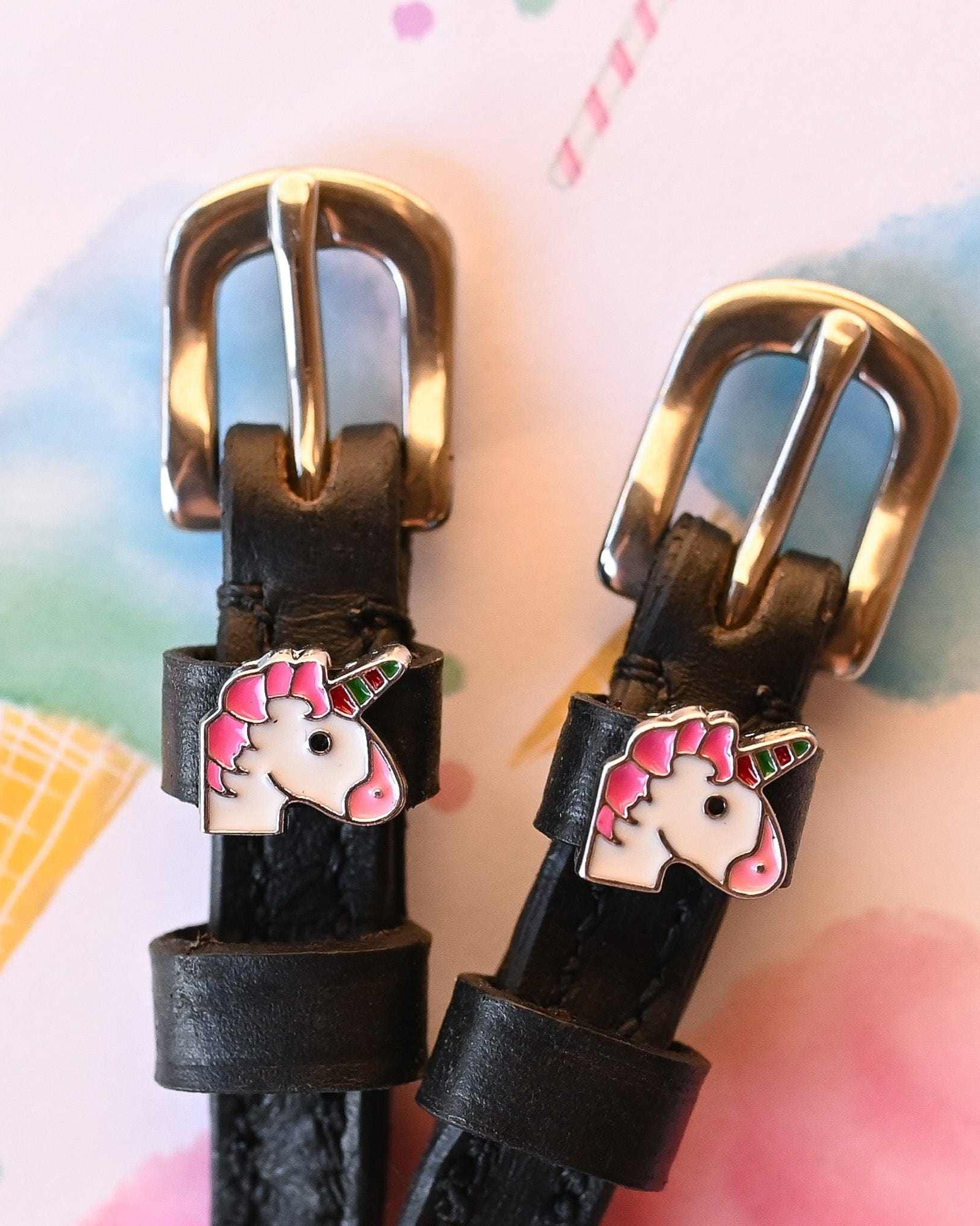 Unicorn Emoji Spur Straps ManeJane black leather spur straps with non-stretch interior and stainless steel buckle for Engli.