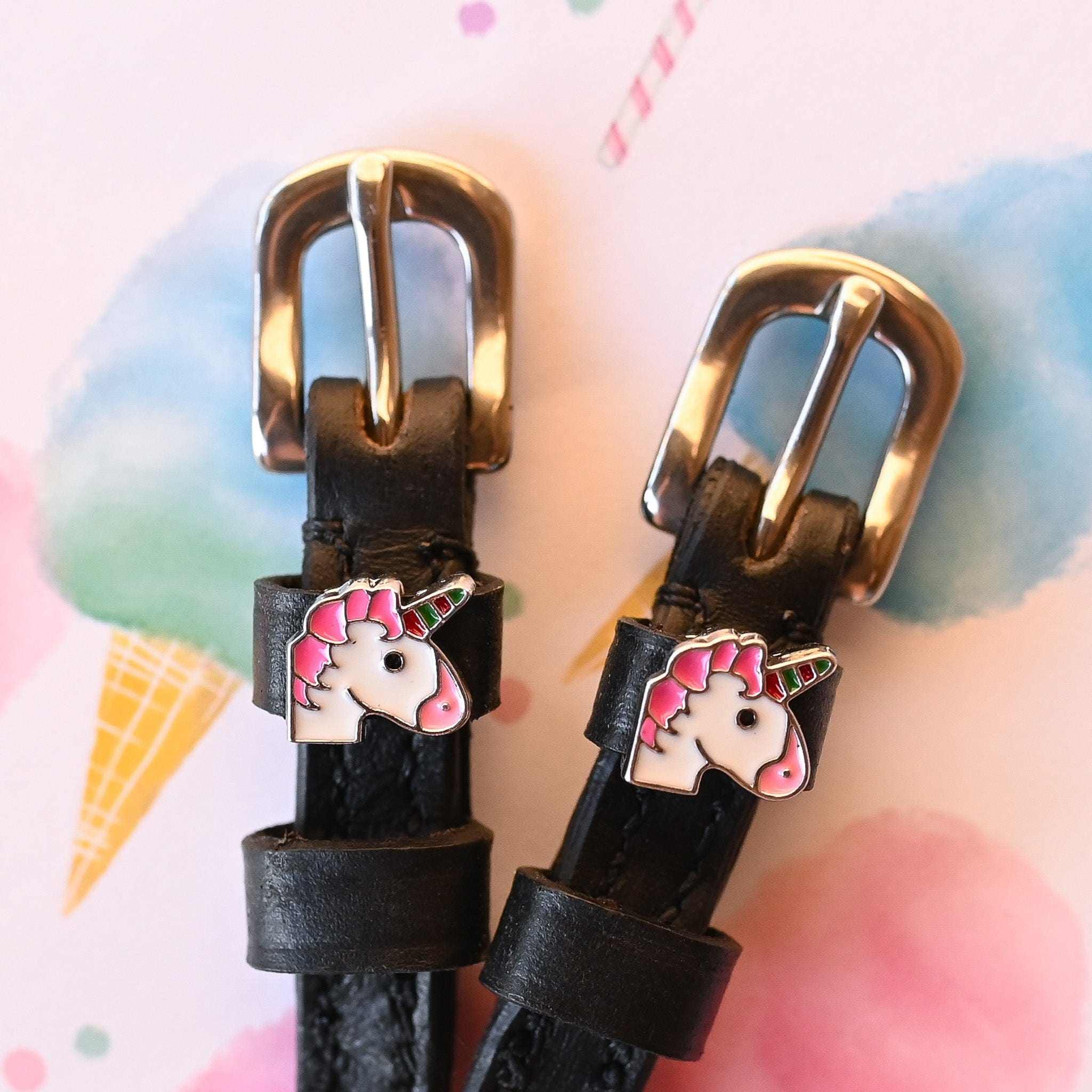 Unicorn Emoji Spur Straps ManeJane black leather spur straps with non-stretch interior and stainless steel buckle for Engli.