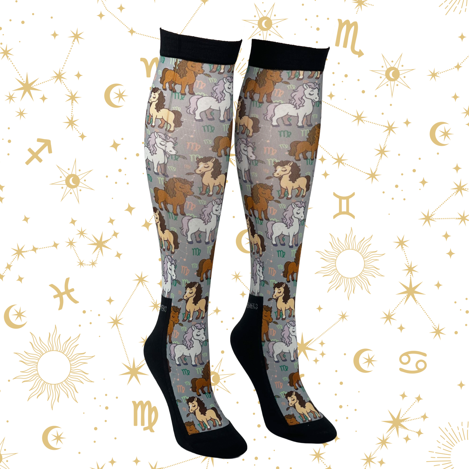 Limited edition Virgo zodiac boot socks with horse pattern, made in the USA, one size fits most