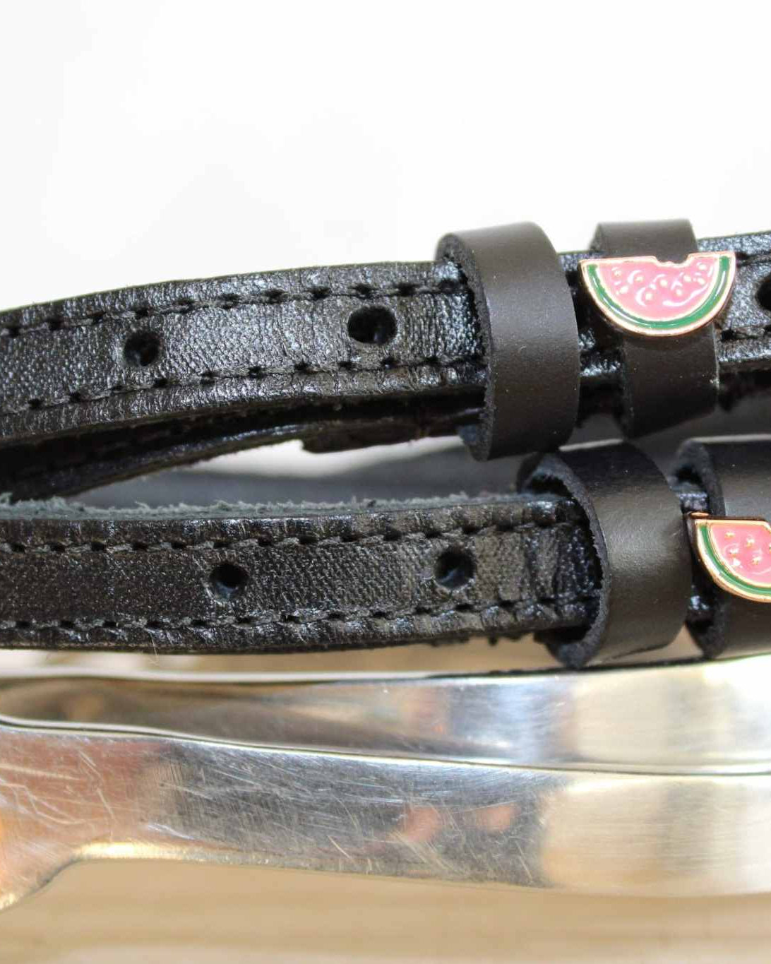 Watermelon patterned spur straps, additional view, equestrian accessory by ManeJane