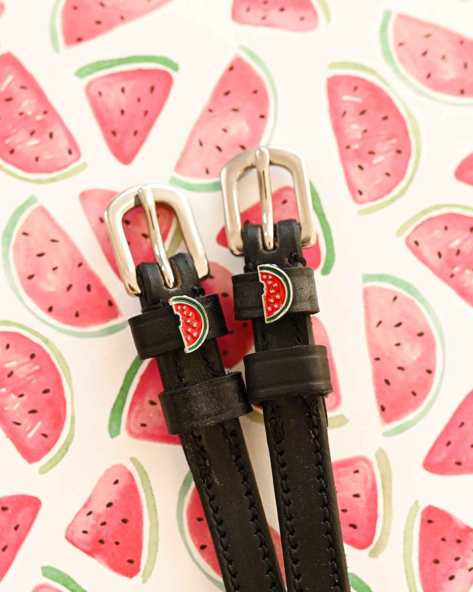 Watermelon patterned spur straps, additional view, equestrian accessory by ManeJane
