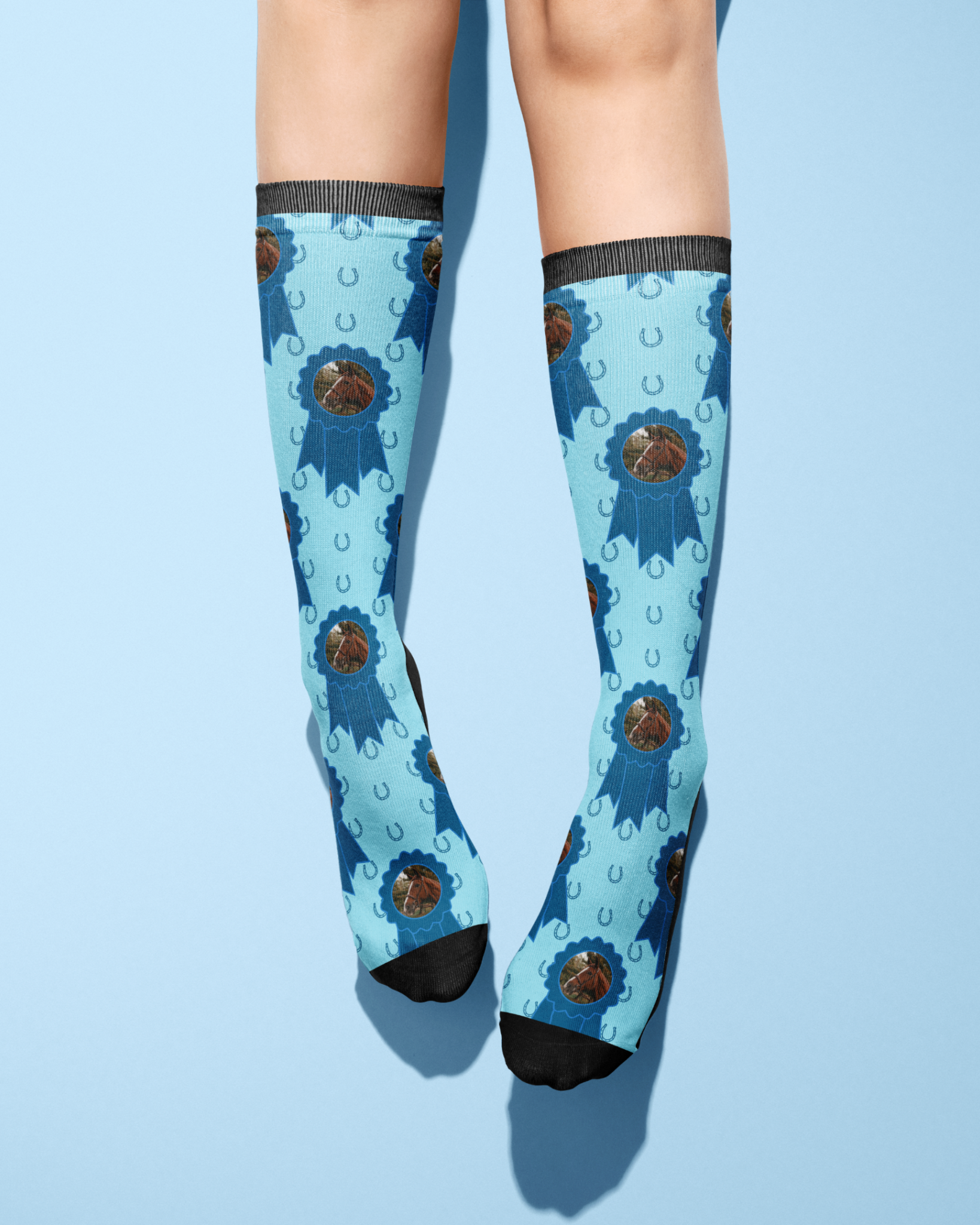 Custom blue ribbon and horseshoes socks featuring a personalized photo, made from cotton blend material