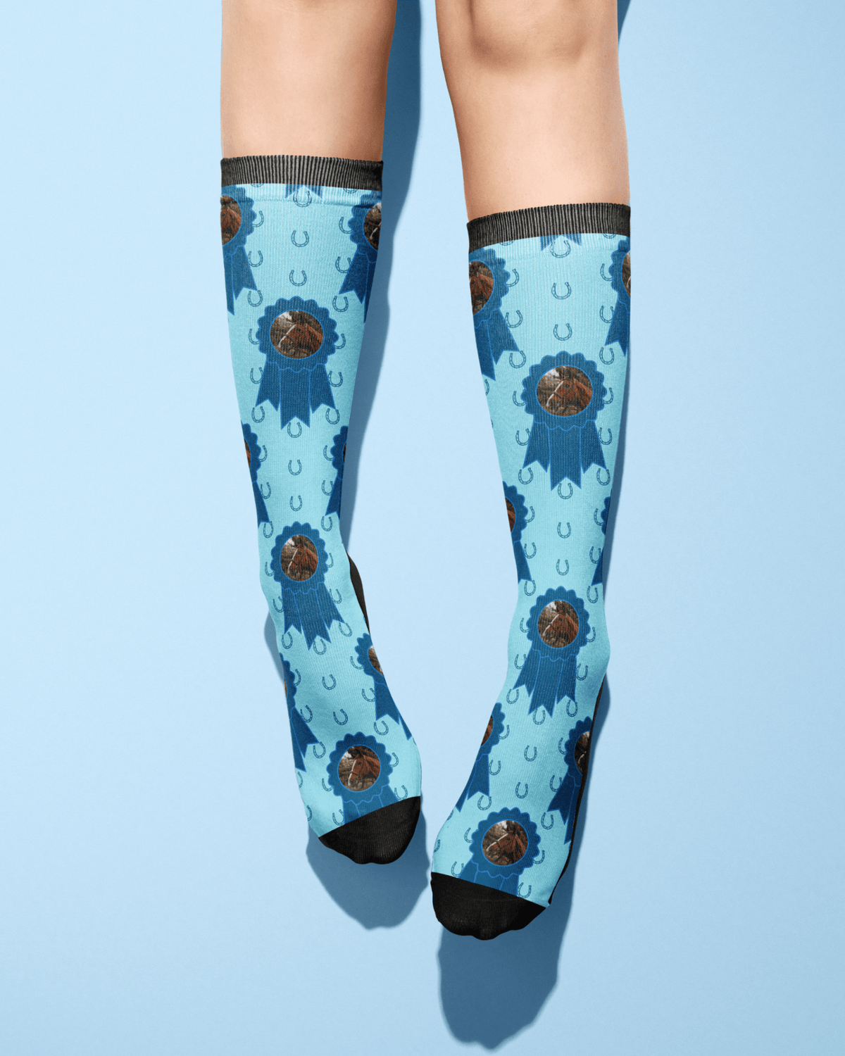 Custom blue ribbon and horseshoes socks featuring a personalized photo, made from cotton blend material
