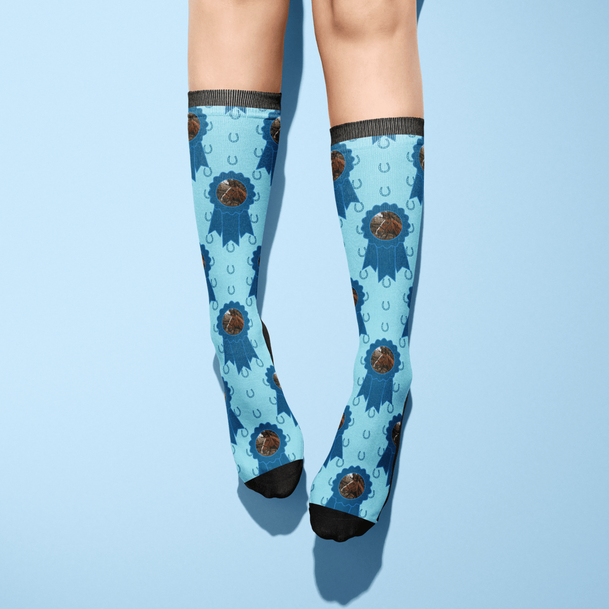 Custom blue ribbon and horseshoes socks featuring a personalized photo, made from cotton blend material