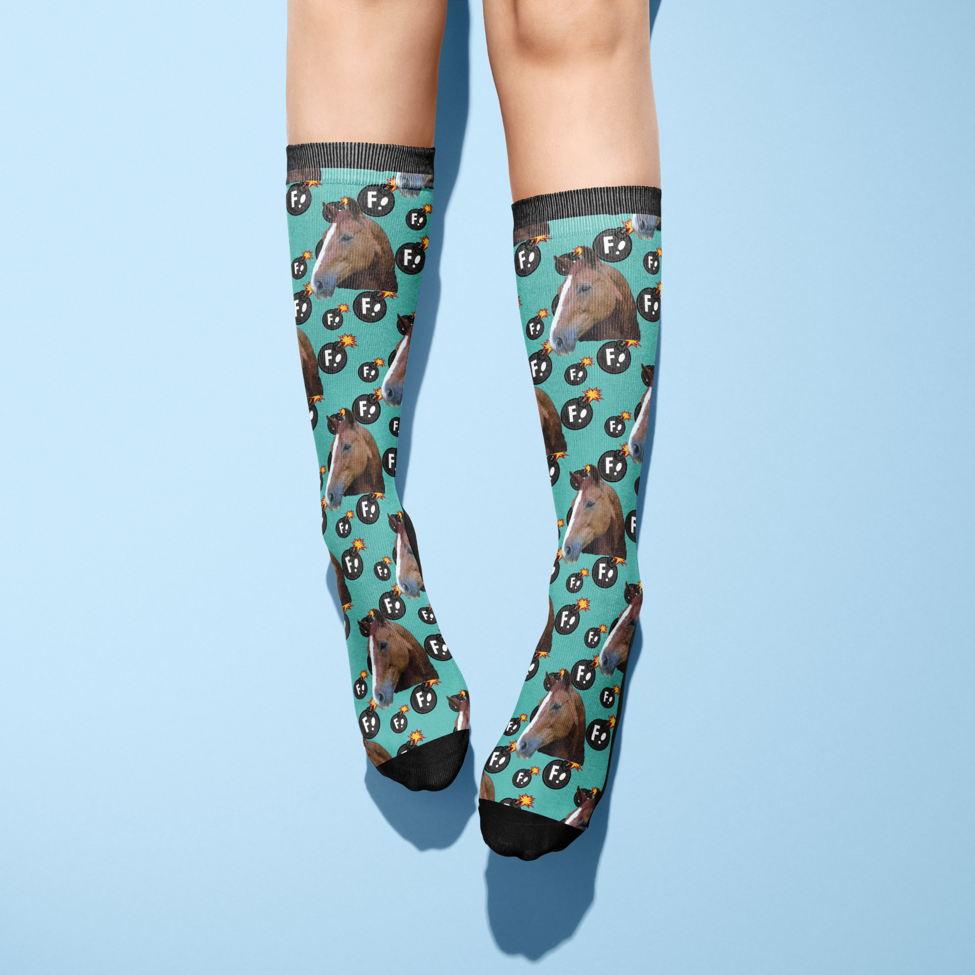 Custom Solo socks with horse photo and F Bombs pattern on teal background