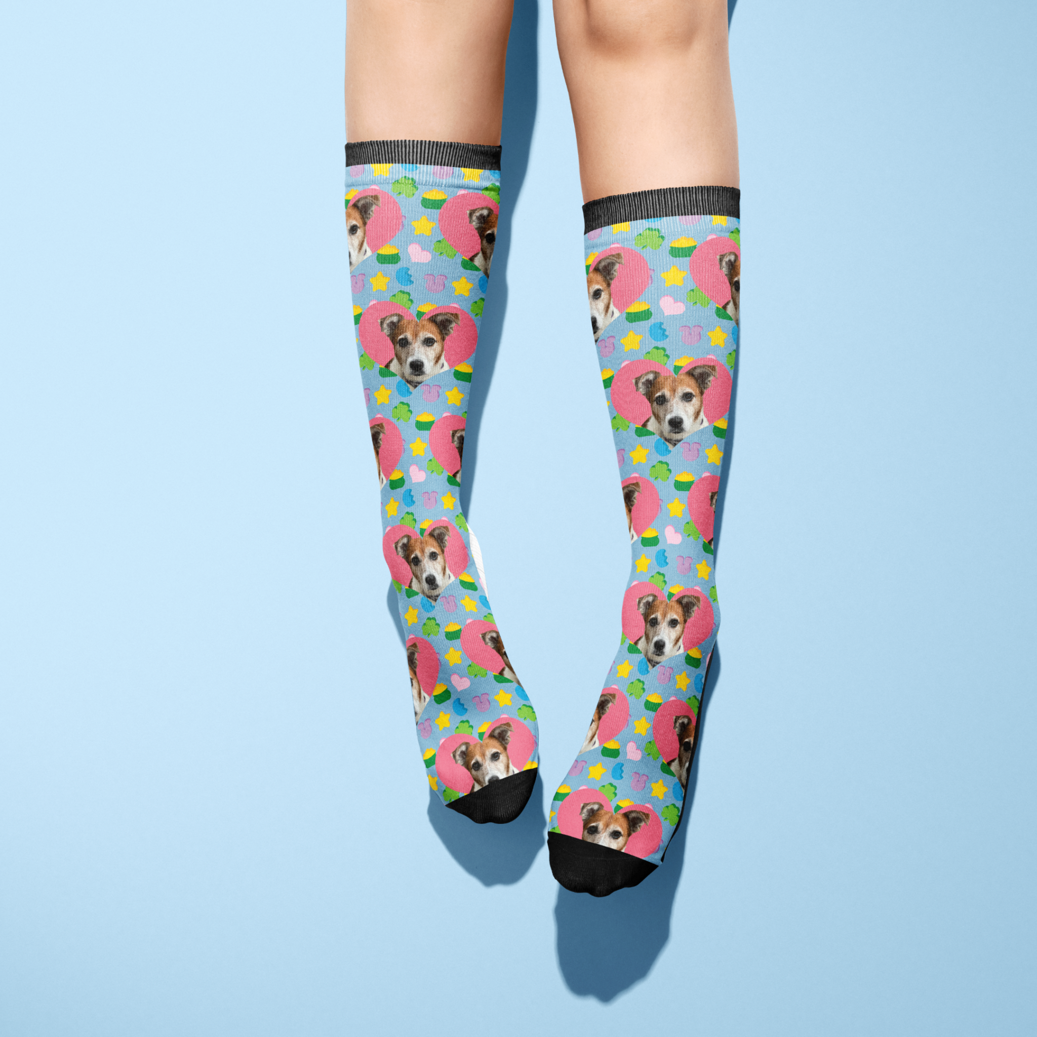 Custom Heart with Lucky Treats Socks featuring personalized dog photo and colorful design