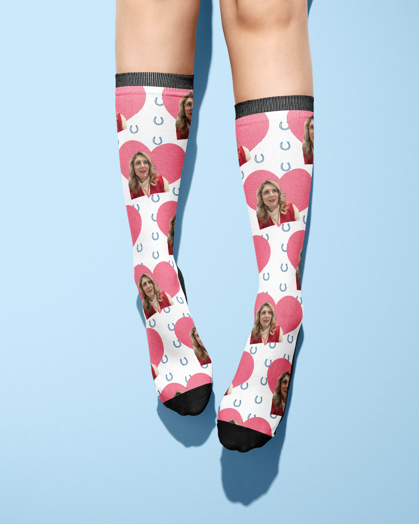 Custom Heart with Blue Horseshoes Socks featuring personalized photo and pink heart pattern