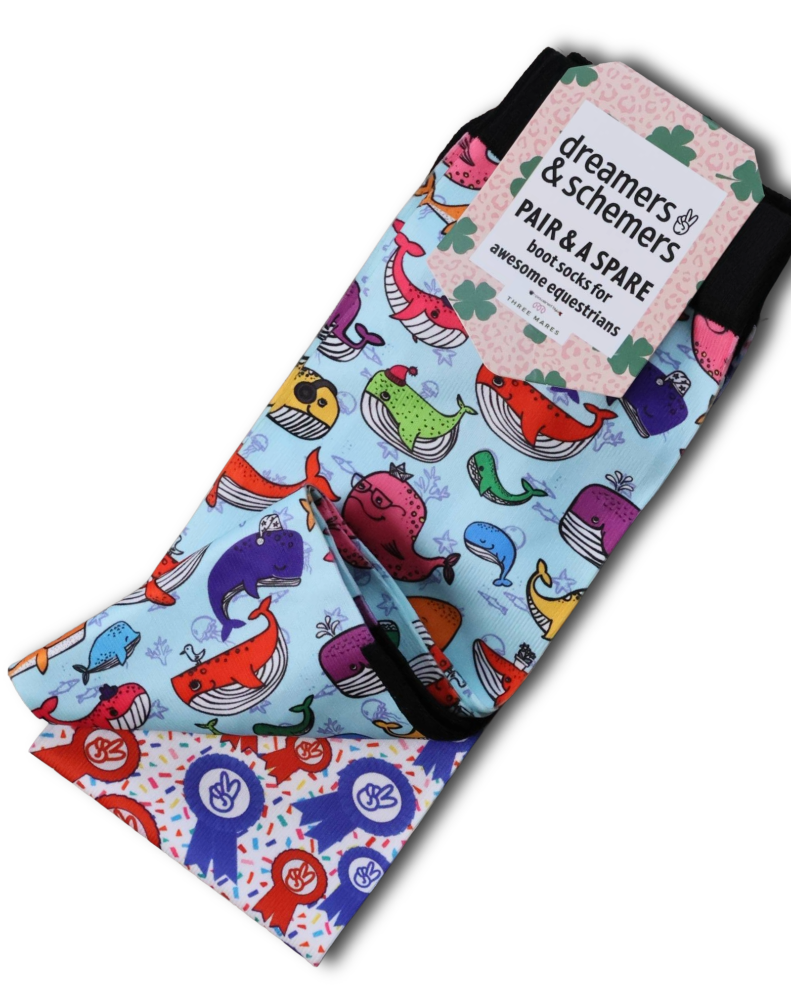 Whale Whale Whale Pair & a Spare equestrian boot socks featuring whale ocean print, alternate angle, by Dreamers & Schemers