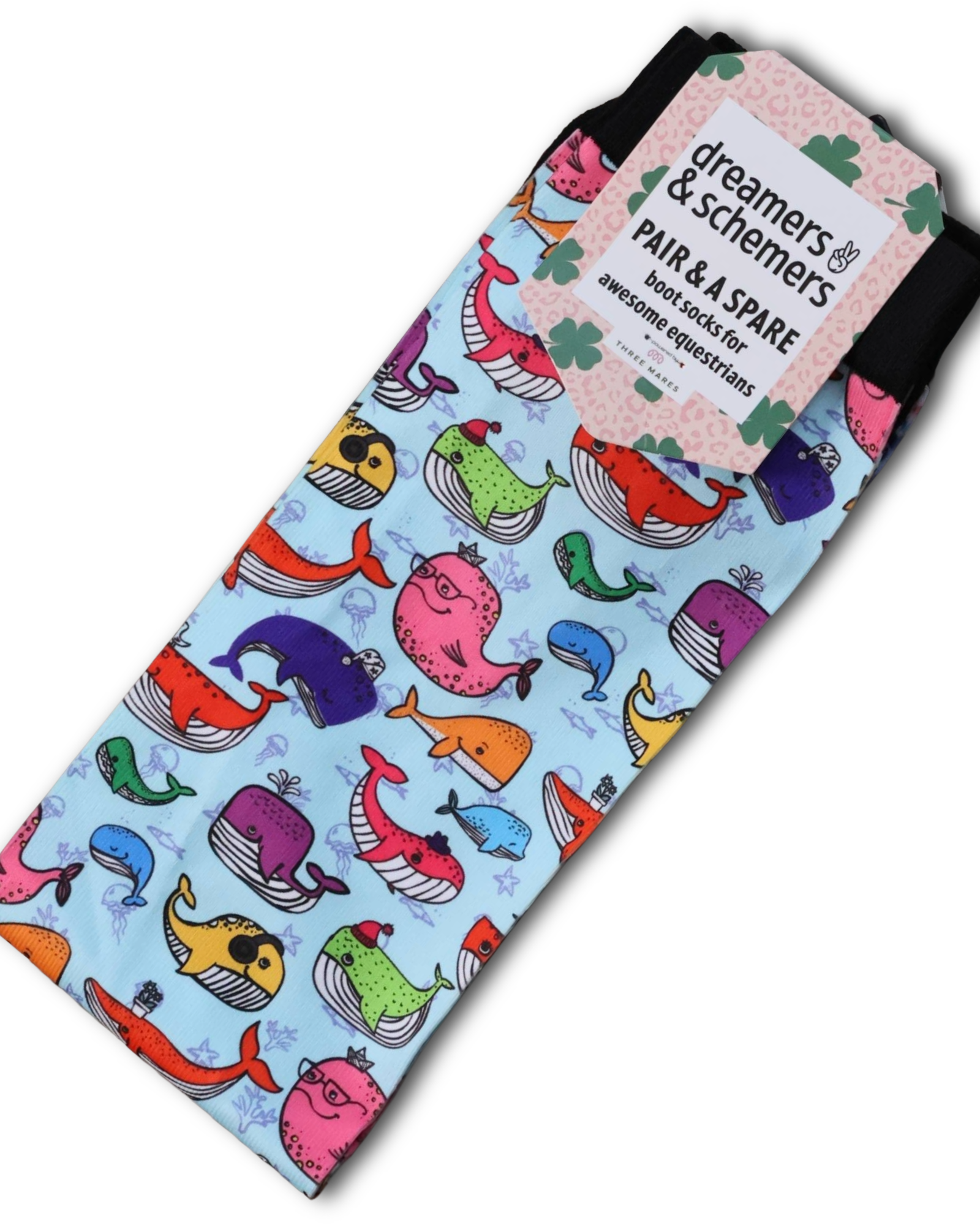 Whale Whale Whale Pair & a Spare equestrian boot socks with whale ocean print in Light Blue, by Dreamers & Schemers