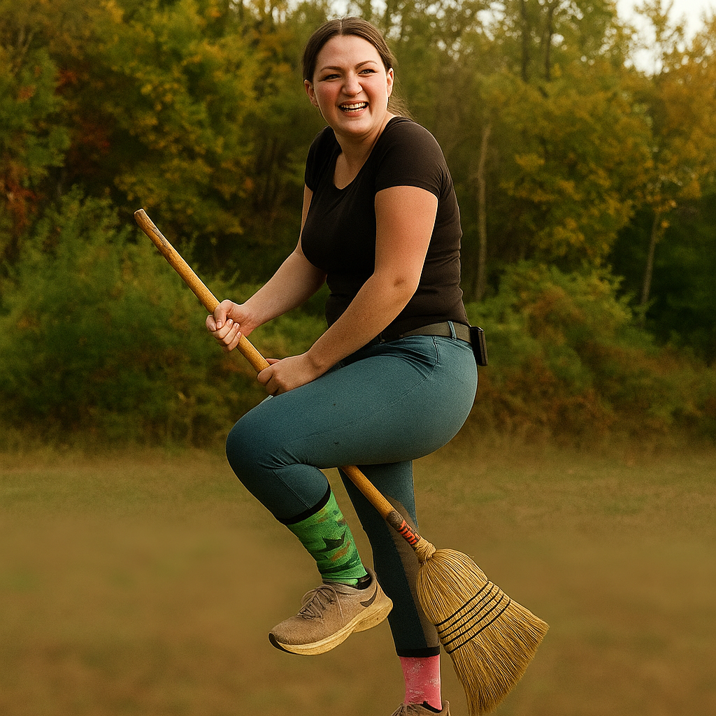 Woman wearing colorful boot socks sitting on broomstick outdoors in autumn forest