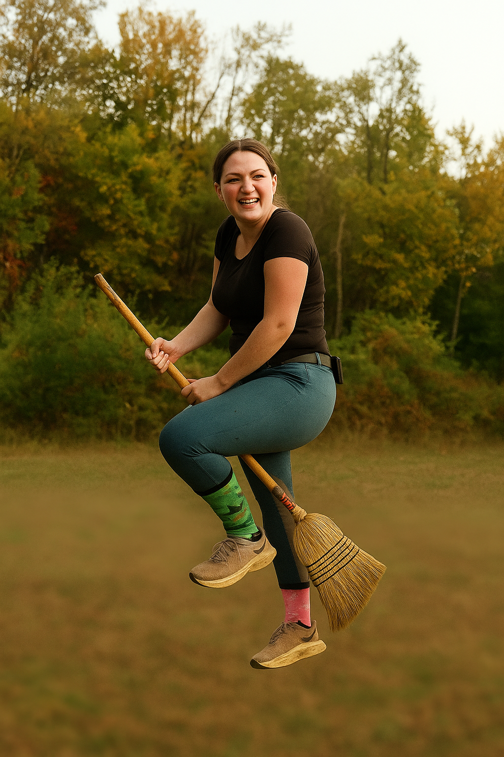 Woman wearing colorful boot socks sitting on broomstick outdoors in autumn forest