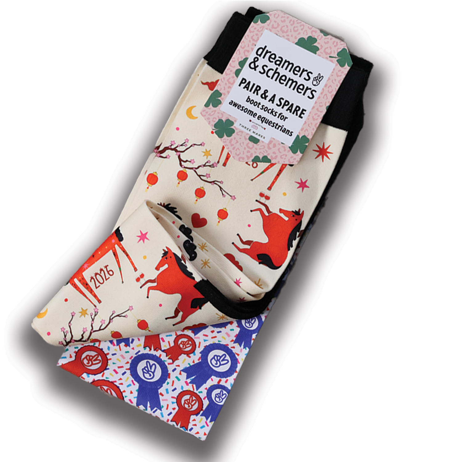 Year of the Horse Pair & A Spare Socks with black top and flat-seam toe, sold in three-pair packs.