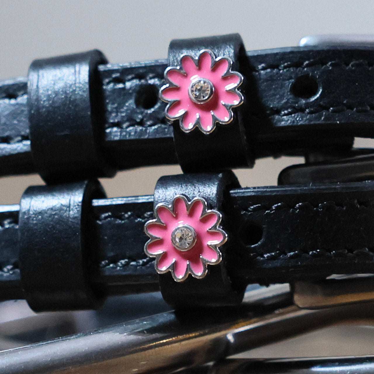 Pink Flower Spur Straps black leather with pink flower charm and stainless steel buckle