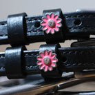 Pink Flower Spur Straps black leather with pink flower charm and stainless steel buckle